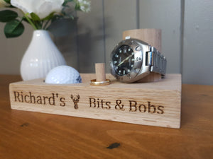 Personalised Wooden Engraved Watch Stand & Coin Tray, Birthday Gift, Dad, Daddy, Storage, Cufflinks, Keys, Change, Tidy, Desk, Custom