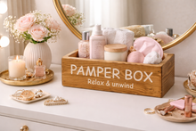 Load image into Gallery viewer, Pamper box with self-care items on a vanity table, including candles, flowers, and skincare products. ( not included ) Box only