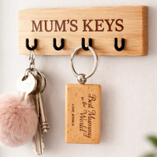Load image into Gallery viewer, Wooden key holder with 'Mum's Keys' text, keys, and a wooden tag on a white background.