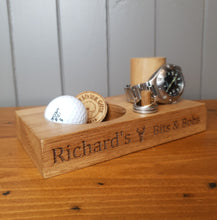 Load image into Gallery viewer, Personalised Wooden Engraved Watch Stand &amp; Coin Tray, Birthday Gift, Dad, Daddy, Storage, Cufflinks, Keys, Change, Tidy, Desk, Custom