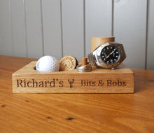Load image into Gallery viewer, Personalised Wooden Engraved Watch Stand &amp; Coin Tray, Birthday Gift, Dad, Daddy, Storage, Cufflinks, Keys, Change, Tidy, Desk, Custom