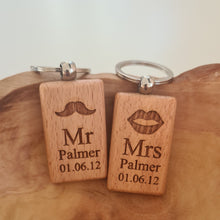 Load image into Gallery viewer, Mr and Mrs Personalised wooden keyring Engraved Key ring | Wooden Key ring | Valentines Gift | Gift For Her | Gift For Him