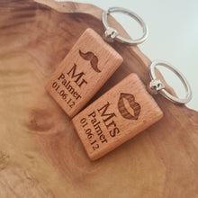 Load image into Gallery viewer, Mr and Mrs Personalised wooden keyring Engraved Key ring | Wooden Key ring | Valentines Gift | Gift For Her | Gift For Him