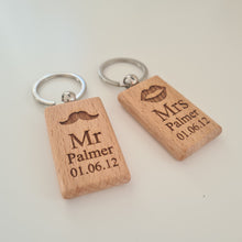 Load image into Gallery viewer, Mr and Mrs Personalised wooden keyring Engraved Key ring | Wooden Key ring | Valentines Gift | Gift For Her | Gift For Him