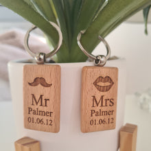 Load image into Gallery viewer, Mr and Mrs Personalised wooden keyring Engraved Key ring | Wooden Key ring | Valentines Gift | Gift For Her | Gift For Him