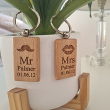 Load image into Gallery viewer, Mr and Mrs Personalised wooden keyring Engraved Key ring | Wooden Key ring | Valentines Gift | Gift For Her | Gift For Him