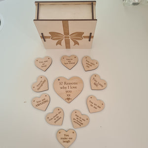 Reasons Why I Love You - Personalised Wooden Box with Hearts, Anniversary Gift, Birthday Gift, Gift for Her, Gift for Him, Valentine's Day