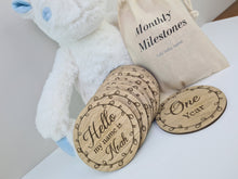 Load image into Gallery viewer, Wooden Monthly Milestone Discs, Newborn Baby Photo Prop, Baby Shower Gift, New Parents Gift, Baby Gift Announcement Baby Cards