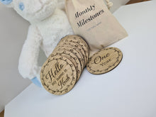 Load image into Gallery viewer, Wooden Monthly Milestone Discs, Newborn Baby Photo Prop, Baby Shower Gift, New Parents Gift, Baby Gift Announcement Baby Cards