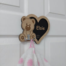 Load image into Gallery viewer, PERSONALISED Teddy children&#39;s door clothes hook , ANY NAME , wooden children&#39;s décor , wall hook , wall peg, dressing gown hook , towel hook, Holder