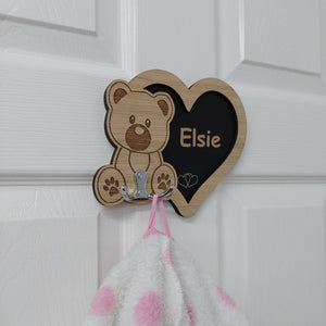 PERSONALISED Teddy children's door clothes hook , ANY NAME , wooden children's décor , wall hook , wall peg, dressing gown hook , towel hook, Holder