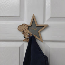 Load image into Gallery viewer, PERSONALISED Dinosaur children&#39;s door clothes hook , ANY NAME , wooden children&#39;s décor , wall hook , wall peg, dressing gown hook , towel hook, Holder