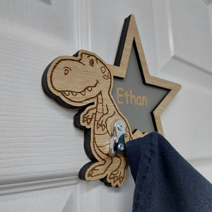 PERSONALISED Dinosaur children's door clothes hook , ANY NAME , wooden children's décor , wall hook , wall peg, dressing gown hook , towel hook, Holder